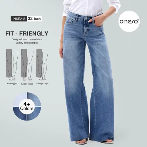 Ella ONESO Stretchy BBL Jeans Mid-low Waist Wide Leg Distressed Raw Hem Baggy Denim Pants Tummy Control Butt Lifting Jeans with Pockets Vintage Casual Streetwear Fall Fashion Daily Outfits DIY Inseams
