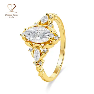 DELZZAD Vintage 1.28ct Total Marquise Cut Moissanite Engagement Ring - S925 Sterling Silver 10mm Vintage Artificial Gemstone Ring for Adult Women, Jewelry Wedding Anniversary Gift