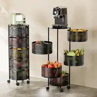 Black 360-Degree Rotatable Expandable Metal Kitchen Storage Rack - Floor-Standing Food Organizer with Wheels, Multi-Layer Circular Basket for Vegetables, Fruits and Miscellaneous Items