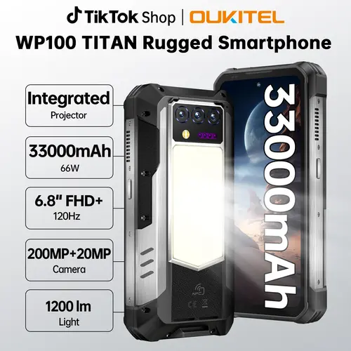 OUKITEL WP100 TITAN Rugged 5G Unlocked Android Cellphone - 33000mAh Battery, 48GB+512GB, 6.8'' FHD+120Hz HD Touch Screen, 200MP Camera, Gyroscope, Type C, Compass, Plumb Bob, 1200 Lumens Camping Light, Projector, T-Mobile Compatible,sohochic