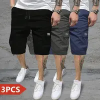 Men's 3-Pack Chic Woven Cargo Shorts, 7/8 Length, Drawstring Loose-Fitting, Lightweight High-Capacity Multiple Pockets, No Back Pocket, 100% Polyester Non-Stretch, 3-Color Combination, Suitable for Everyday Summer Wear