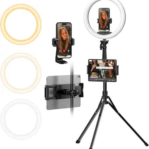 UBeesize 12" Adjustable LED Ring Light with 74" Extendable Tripod Stand - Mobile Device Holder for Android, iPhone, Tablet, iPad - Selfie & Content Creator Accessories, Vlogging Equipment