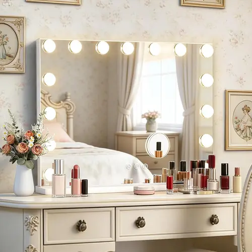 Hoodink Vanity Mirror with Lights, 23" x 18" Hollywood Mirror, Light Up Makeup Mirror with 15 LED Bulbs for Bedroom Desk, 3 Color Lighting Modes, Tabletop & Wall Mount, USB Charging Port,Gifts for Women Wife Teengirls White