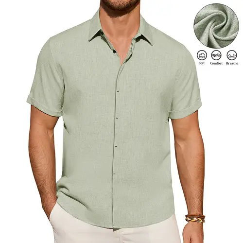 ROUWELL Men's Short-Sleeve Linen Dress Shirts - Lightweight, Breathable Linen Clothing, Casual Chic Tops for Beach Vacation & Summer Party, Spread Collar Button-Down for Outdoors #BacktoSchool,sohochic