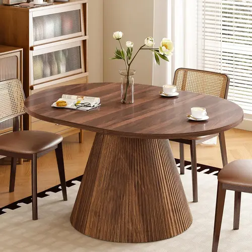 FurSch 43.3"–59" Expandable Round Dining Table for 4–8, Space-Saving Oval Dining Table with Detachable Leaves, Modern Transformer Table with Fluted Pedestal Base for Kitchen & Dining Room