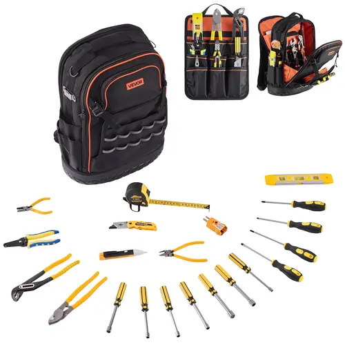 【toolupgrade】VEVOR Heavy-Duty Tool Backpack with 21-Piece Tool Kit & Pouch, Oxford Fabric Organizer with Padded Laptop Compartment, Molded Base, Top Handle for Electricians, HVAC Techs
