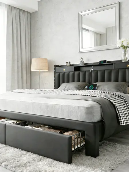 TryLazy  Bed Frame with 4 Storage Drawers No MATTRESS Queen Size  No Noise No Box Spring Needed White Rivet Design USB Socket,