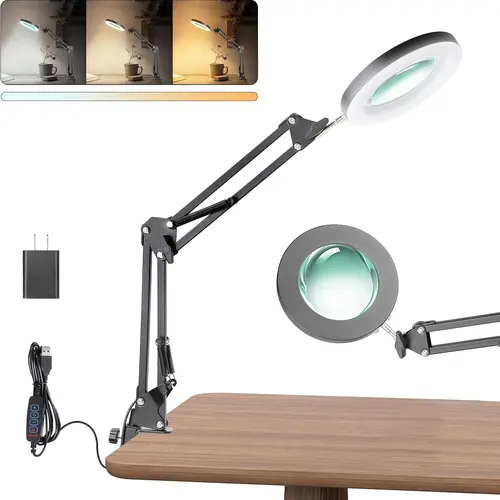 UBeesize 10X Lighted Magnifying Glass with Stand & Clamp - LED Illuminated Hands-Free Desk Lamp, Adjustable Brightness Office Desk Accessory for Jewelry, Mini Painting, Seniors' Close Work