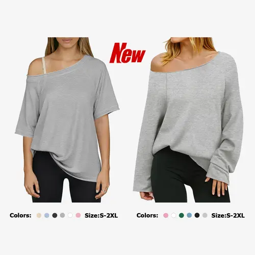 Fisoew Women's Off-Shoulder Polyester Sweatshirt - Long Sleeve Y2k Wide Neck Loose Pullover, Women's Fashion Everyday Tops, Ash Gray Spring Summer Athletic Activewear