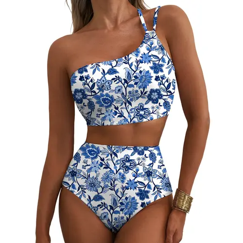 Aleumdr Women's Bikinis Set - 2-Piece High Waisted Swimsuit for Women with 1 Shoulder Floral Print, Tummy Control, High Rise Swim Bottoms, Chic Curve Bikini Sets for SwimWeek Summer Vacation