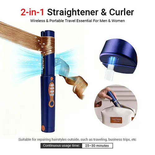 Qawtor Cordless  Mini Titanium Flat Iron- 2-in-1 Styling Tool (Smooth Straightening Curly Hair & Curls), 5000mAh Wireless Hair Tool, Fast-Heat, Up to 210°C/410°F,  Mini Travel  Accessory,  Women's Gifts,Dorm essentials