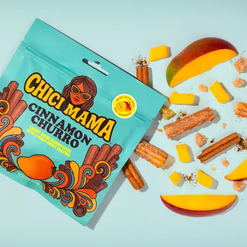 Chici Mama Cinnamon Churro Crystallized Coated Fruity Chewy 68g Dried Mango Bites - 100% Real Dried Fruit, Vegan, Natural Ingredients, Sweet & Spicy Room Temp Treat, Resealable Bag, Office Snacks