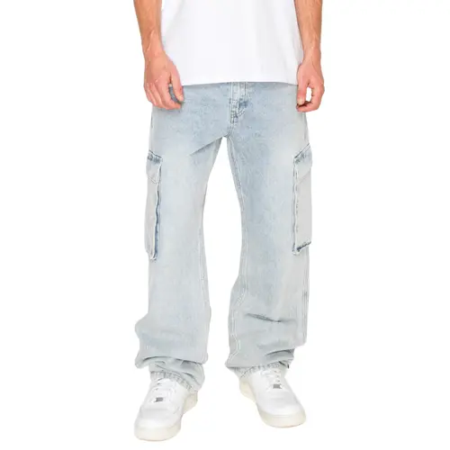 VICTORIOUS ANCHOR Men's Thick Heavy Denim Baggy Wide Leg Utility Style Cargo Jeans, Plain, Flap Closure Pockets, Cotton, Streetwear, Casual, Handles Daily Wear