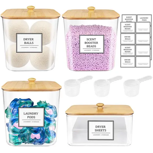 3+1 Pack Laundry Pods Storage Container, Clear Laundry Room Organization and Storage, Detergent Powder Container, with Wooden Lids & Labels