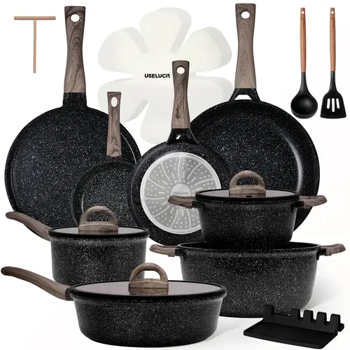 【Back to school】USELUCK Cookware Set 8-Pans 22-Piece Ceramic Cookware Set Non-Stick Kitchen Pots with Lids Creamy White Granite Finish Induction Cooktop Compatible Includes Glass Lids Crepe Pan PFOA/PFOS-Free Gift Boxed Kitchen Set