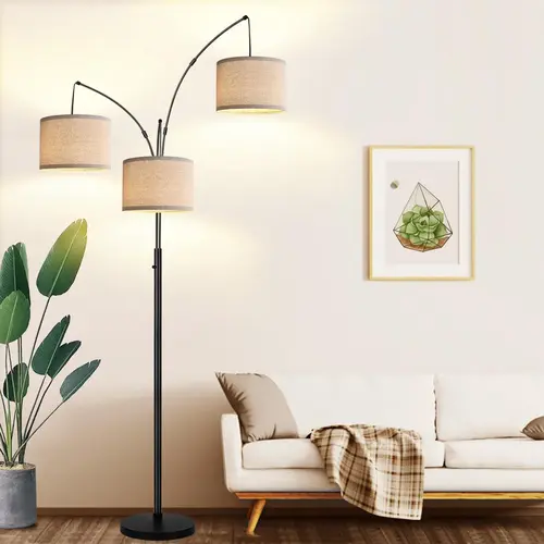 Hoodink Dimmable 3-Light Arc Floor Lamp - 1000LM Mid Century Modern Tree Lamp with Beige Shades, Heavy Base, 3x6W LED Bulbs (LED Only) for Living Room, Bedroom, House Decor, Unique Room Decorations, Lights, Lamps,sohochic