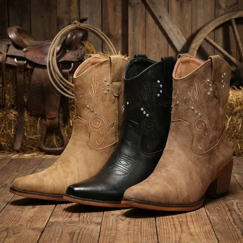IUV Cowgirl Boots for Women, Wide‑Calf Ankle Cowgirl Boots with Rhinestones, Almond Pointed Toe Classic Western Boots, Women Chunky Heel Country Boots, Comfortable Walking Classic Booties