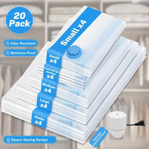 20PCS Reusable Compression Vacuum Storage Bags with Electric Pump - Zipper Large Space Saving Compressed Bags for Travel, Home Organizers, Zipper Bag, Reusable Compression Bags
