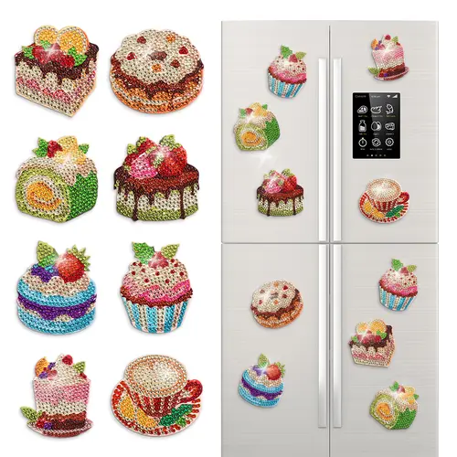 8pcs Diamond Art DIY Kit for Beginners & Adults - Food Theme Round Gems, Easy-to-Use Magnetic Craft, Fridge-Attachable Party Decorations