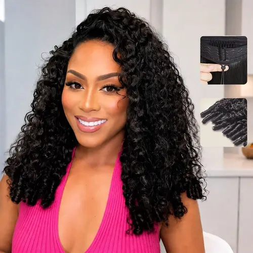 Tuneful Half Wig 3 IN 1 Burmese Curly Human Hair Wigs For Women 180% Density Glueless Kinky Culry Human Hair Wigs Wig With Drawstring Seamless Clip Ins Flip Over Quick Install For Women