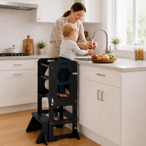 4-in-1 Black Tower Toddler Kitchen Step Stool - Foldable Learning Tower with Fixed Arms, Blackboard, MDF Children's Furniture Compatible with Toddler Table and Chair Set, Ideal for 1-3 Year Olds/18 Months to 3 Years, Perfect Gifts,sohochic