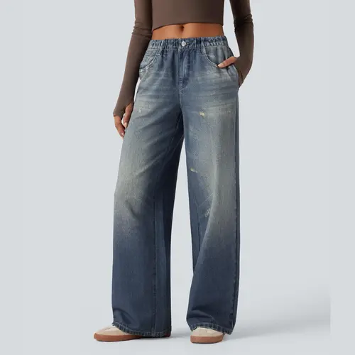 Halara Mid Rise Denim Print French Terry Casual Sweatpants Jeans with Pockets #BackToSchool