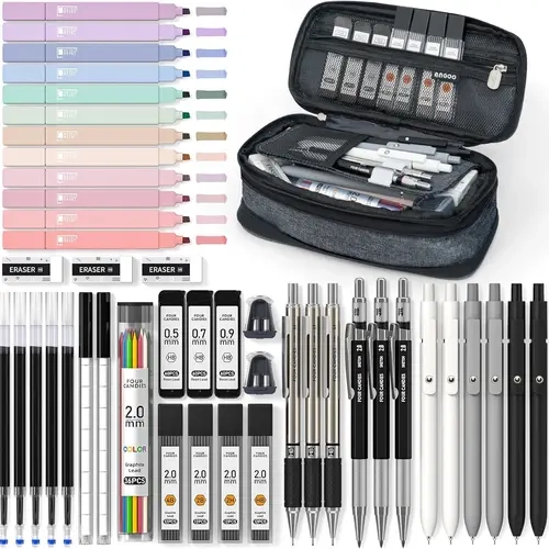 Four Candies 45 PCS Stationery Set with Pen Case, College Supplies and Nursing Student Essentials, 12 Pastel Highlighters, 6 Black Gel Pens, 6 Mechanical Pencils, Back to School Supplies Shopping