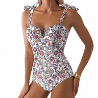 Aleumdr Women's 1-Piece Bathing Suit - Tummy Control, V Neck, Boho Tie Adjustable Straps, Ruched, Full Coverage, Floral Print, High Waist, Cheeky Cut Shaping Swimwear for SwimWeek, Vacation, Adjustable Straps Swimsuit