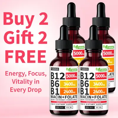 (4-Pack) Vitamin B12 Liquid Edible Supplement Drops with B6, B1, Niacin & Folate for Energy, Brain & Heart - Raspberry, & Strawberry 27,200 mcg per Serving, 4 fl Oz