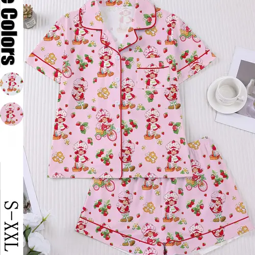 Women's Strawberry Cartoon Print Sleepwear Loungewear Pajama Set, Short Sleeve Button-Up Top & Elastic Shorts, Casual Home Wear for Daily Use #GLOBAL PICKS