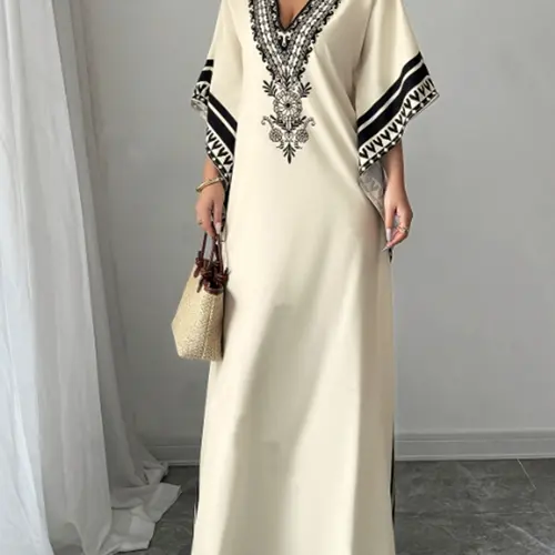 Women's Muslim Fashion V-Neck Batwing Sleeve Long Dress, Caftan, Arabian Dress, Kaftan Dress, Ethnic Pattern Loose-Fitting Dress, Casual Wear, Modest Style, Modesty Muslim Clothing, Modest Clothes, Women's Gowns for All Seasons
