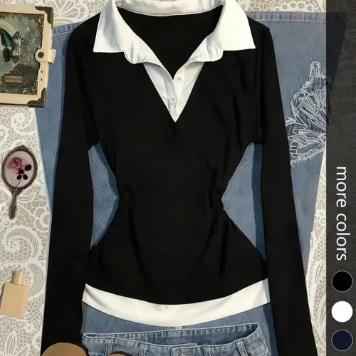 Women's Colorblock patchwork Faux Two-piece Shirt Collar Slim Fit Long Sleeve Style Top, Simple Comfortable Daily Wear,Versatile Stylish Blouse