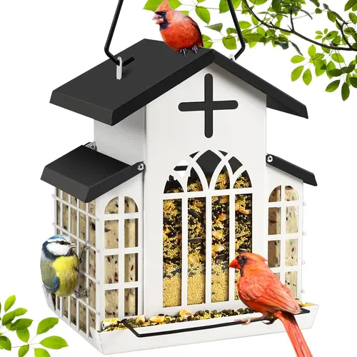 Wildpark 5LB Church Metal Hanging Bird Feeder for Outdoors, Weatherproof Suet Feeder with Easy Fill & Quick Clean, Large Bird Attractor for Finch, Woodpecker-White