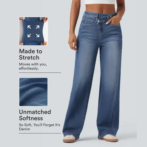 Halara Flex™ Asymmetric High Waisted Washed Casual Baggy Jeans with Pockets