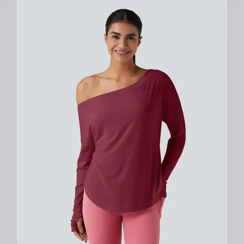 Halara One Shoulder Long Sleeve Thumb Hole Curved Hem High Low Quick Dry Yoga Sports Top-Built-in Bra