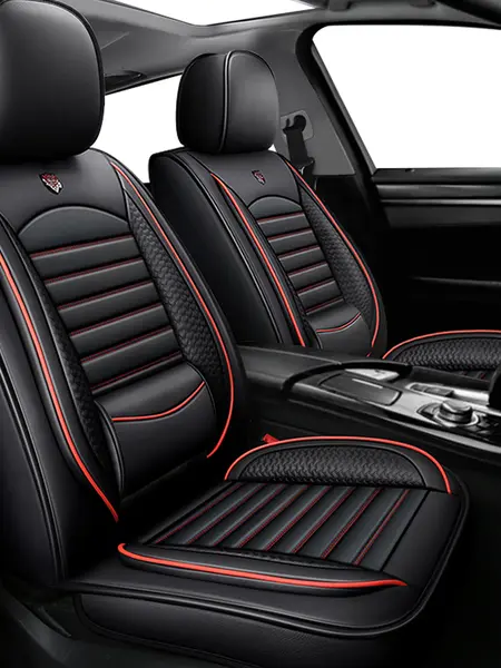 XIANGTA Waterproof Luxury Nappa Leather Car Seat Cover 5 Seats with Neck Support Pillows Full Coverage Universal Car Seat Cover Comfortable Durable Protector for All Cars car gifts leathercar decor car stuff for women red stitching