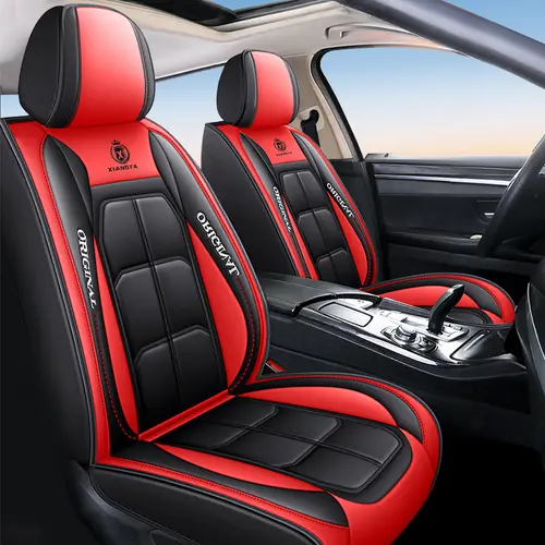 XIANGTA Luxury Leather 5-Seater Car Seat Covers, Universal Safety Airbag Interface, Waterproof Easyclean Surface, Anti-Slip, Full-Set Black for Trucks, Black-Blue Cushions with Red Stitching, Luxury Look Elevates Cabin Style, Seat Covers for Cars
