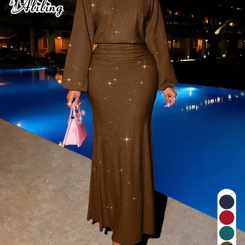 Aliling Women's Elegant Formal Wear Cocktail Evening Dress Ruched Long Dress, Round Neck Bubble Sleeves High Waist Bodycon Fit Tailored Design, Fall & Winter Fashion Womenswear