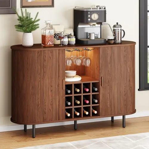 【SohoChic】ONBRILL 55" Wine Bar Cabinet with Storage, Fluted Liquor Bar for Home, Coffee Bar Cabinet with Wine Rack and Glass Holder, Buffet Sideboard with LED Lights for Kitchen Living Dining Room