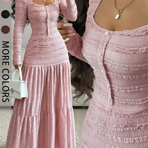 Women's Chic & Elegant Long Sleeve Square Neck Dress, Ladies' Sweet Stylish Formal Evening Wear, Perfect for Valentine's Day and Other Special Occasions, Womenswear