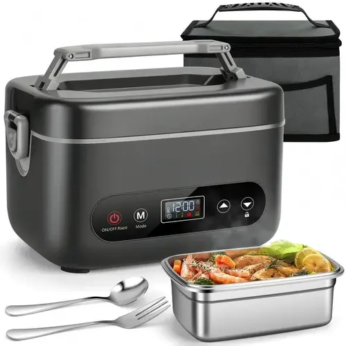 Cordless Heated Lunchbox 1.2L Silicone & Steel Thermal Container, 12000mAh Rechargeable, Leakproof, 5 Sided Heating, Auto Temp Control, BPA Free, Portable Meal Planning Tableware with Fork & Lid for Office Camping