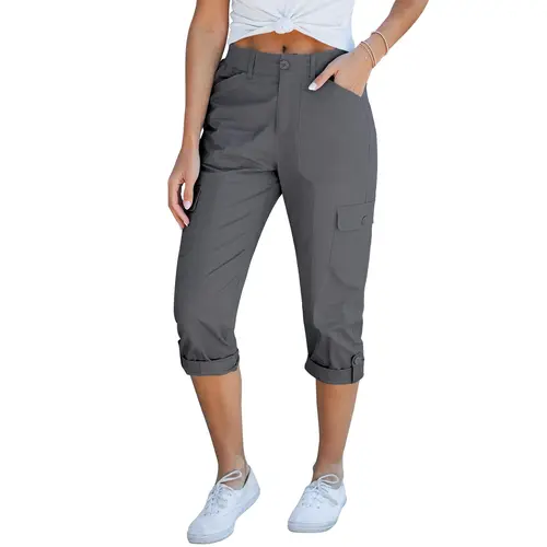 GRAPENT Women's High-Waisted Cargo Capri Pants - Stretchy, Relaxed-Fit, Elastic Knit Waist, Deep-Pocketed Elevated Casual Bottoms for Women's Clothes, Bottom,summerwins,summeroutfits,vacationoutfits,beachoutfits,back to school shopping,sohochic