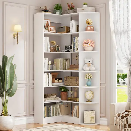 L-Shaped Corner Bookshelf, 70.9" Tall Freestanding Corner Bookcase with Multi-Tier Open Storage Shelves for Living Room, Home Office and Bedroom, White