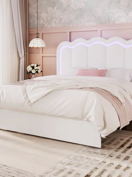 MUTIOCR Velvet Upholstered Bed Frame with Smart LED Lights Large Storage Drawer Adjustable Wavy Headboard No Box Spring Needed Twin Full Queen Sizes White Black Cream Pink #TikTokShopDealsforYouDays#DealsforYouDays#Summervibes#Summergarden