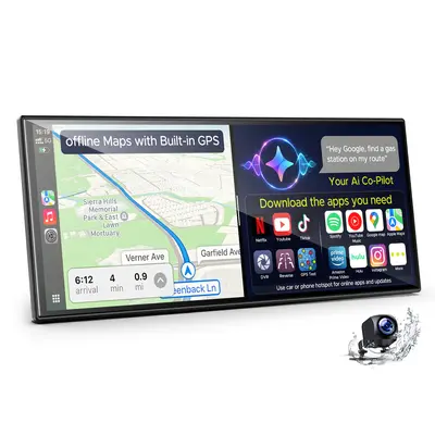 LAMTTO 10.25" AI Car Display Screen, Android Unit with Gemini, Offline GPS Navigation, 1920×720 Display, Google Play Apps, Wireless CarPlay Screen & Aux Cable for Car Interior Accessories (Stops Phone Battery Drain While Driving), 10.25" Android 15