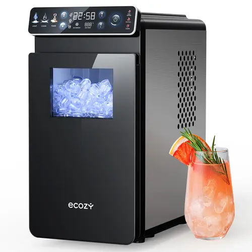 ecozy 4-in-1 Bottom-Loading Water Dispenser with Ice Maker, ECO Mode | Hot & Cold Water Cooler, 33 lbs/Day, Child Lock, Night Light, Fits 3 & 5 Gallon Bottles for Home, Office - Stainless Steel