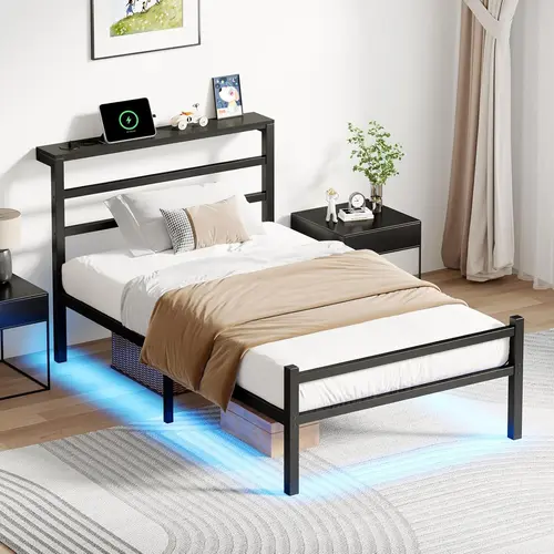 HOMBCK Bed Frame with LED Lights, Platform Bed Frame with Charging Station, Headboard Storage Shelf, Heavy Duty Metal Slats, No Box Spring Needed, Easy Assembly, Black#SohoChic#Homemakeover