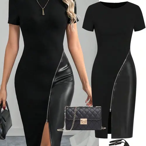 Women's Casual Minimalist Aesthetic Solid Color Short Sleeve PU Leather Patchwork Fitted Dress, Womenswear, Zipper Design, Perfect for Daily Wear, Stylish and Comfortable
