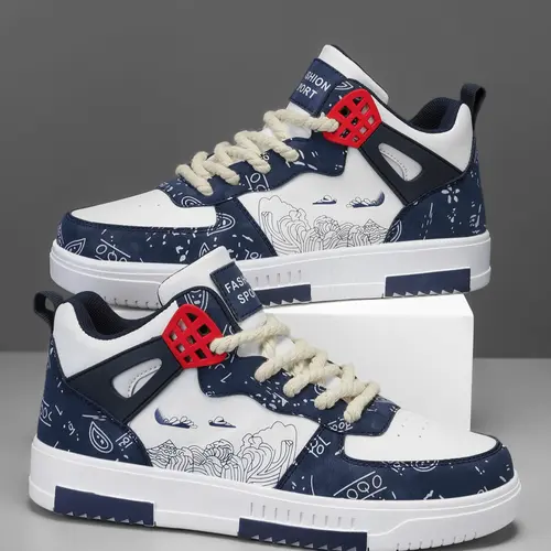 Men's Trendy Patchwork Design Sneakers, Letter High-Top Sneakers, Fashion Colorblock Graffiti Random Print Wave Cloud Casual Sports Running Shoes, Trendy Walking Sneakers