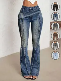 Women's Low Waist Bell-Bottom Jeans With Big Sun Logo Button And Eyelets Big Belt，Bootcut Jeans,Comfortable Stretch Dark Wash Denim Jeans，Patchwork Fringe Washed Vintage Long Pants, Casual Denim Trousers for Everyday Wear, Comfy Denim Jeans